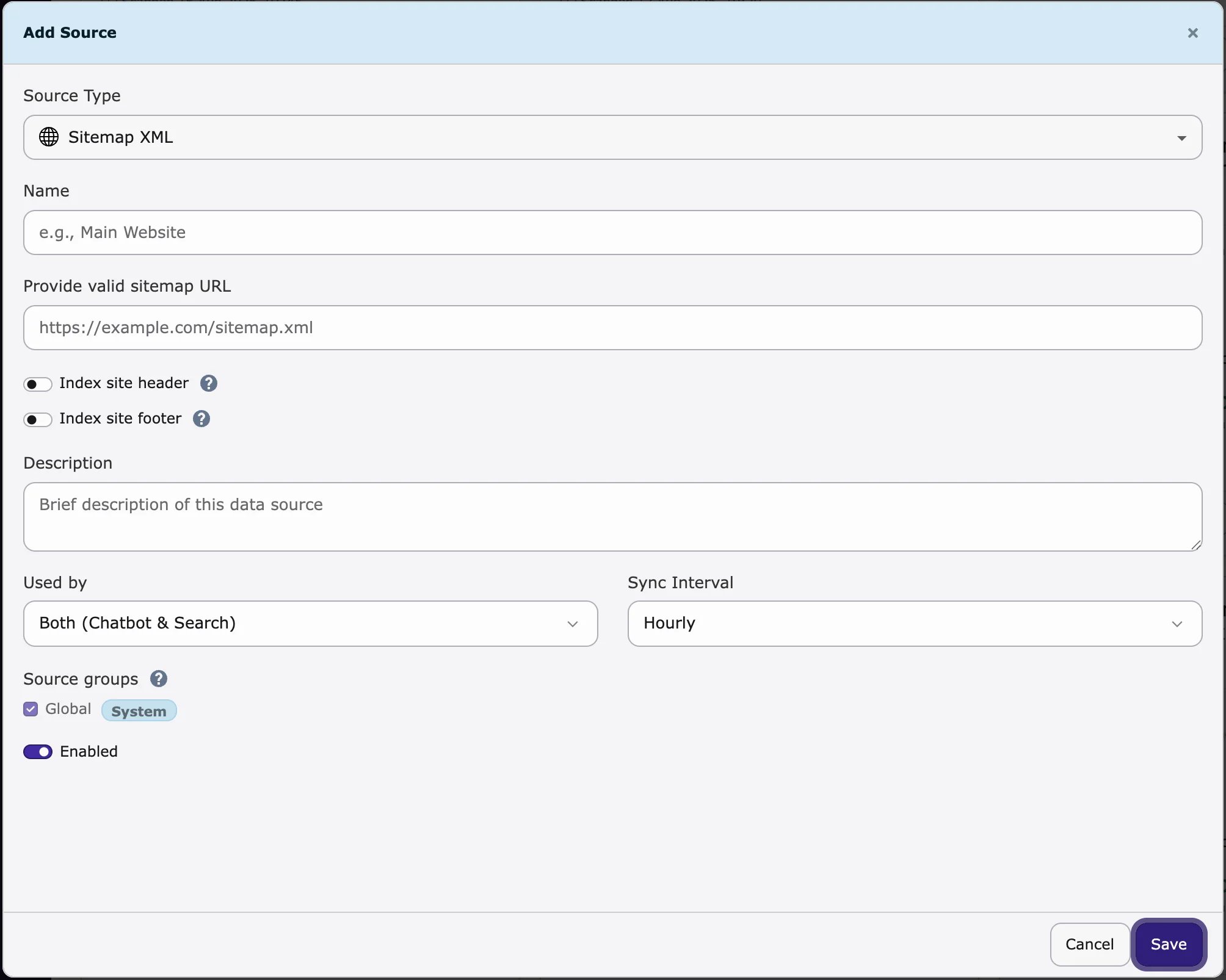Add Source dialog for Sitemap XML with Index site header and Index site footer