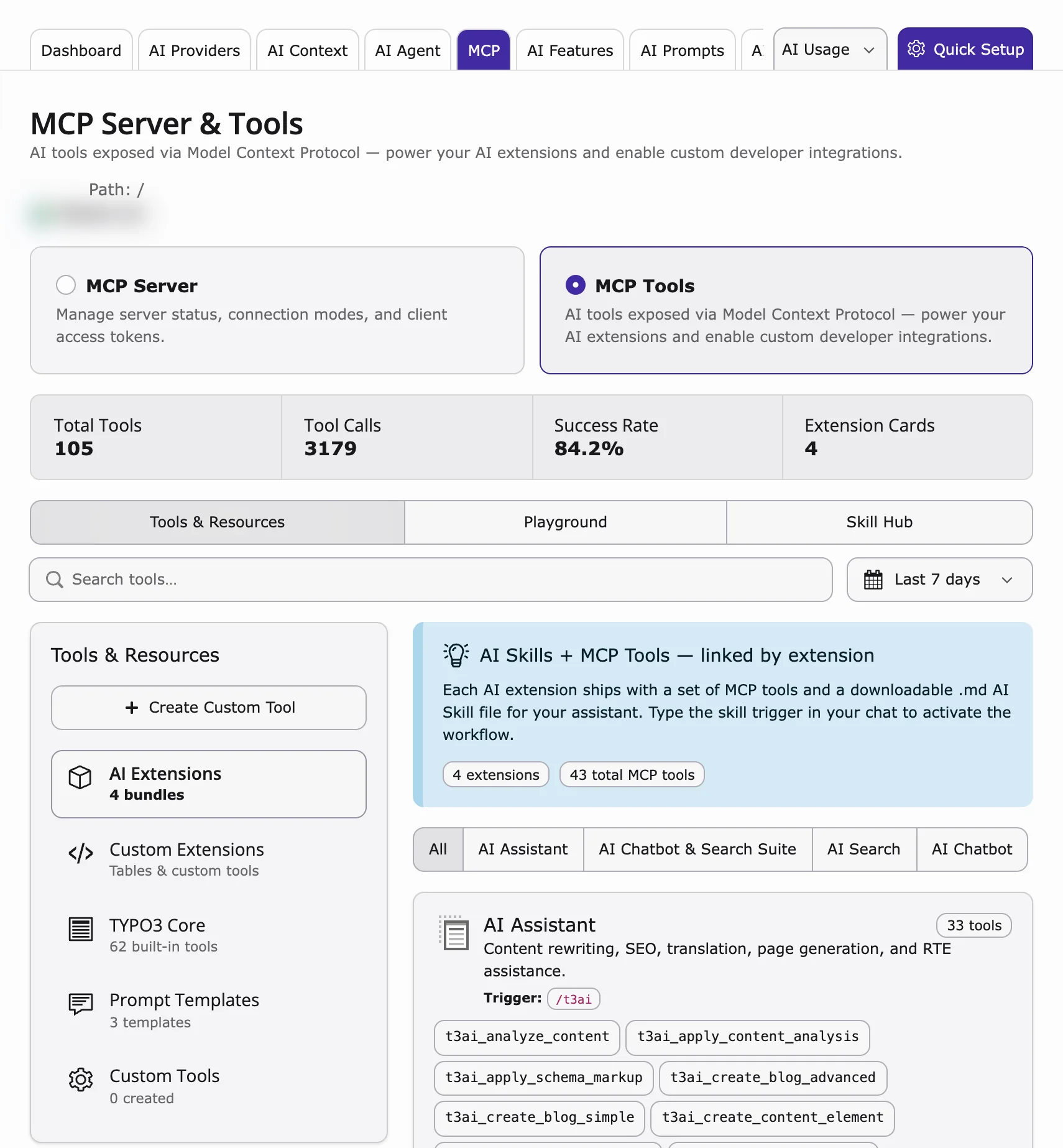 MCP Tools with Tools & Resources and extension skill cards