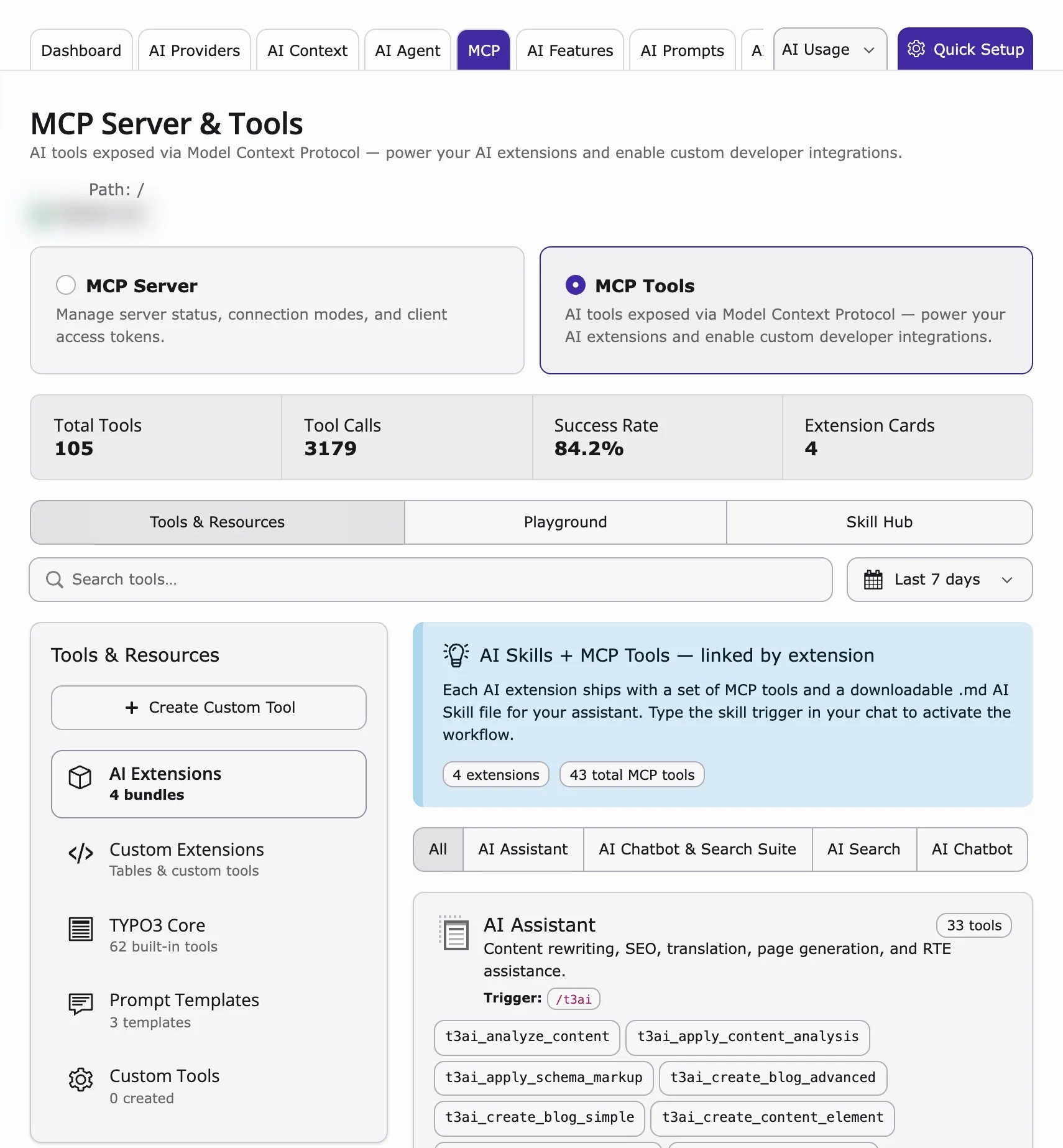 MCP Tools with Tools & Resources and extension skill cards