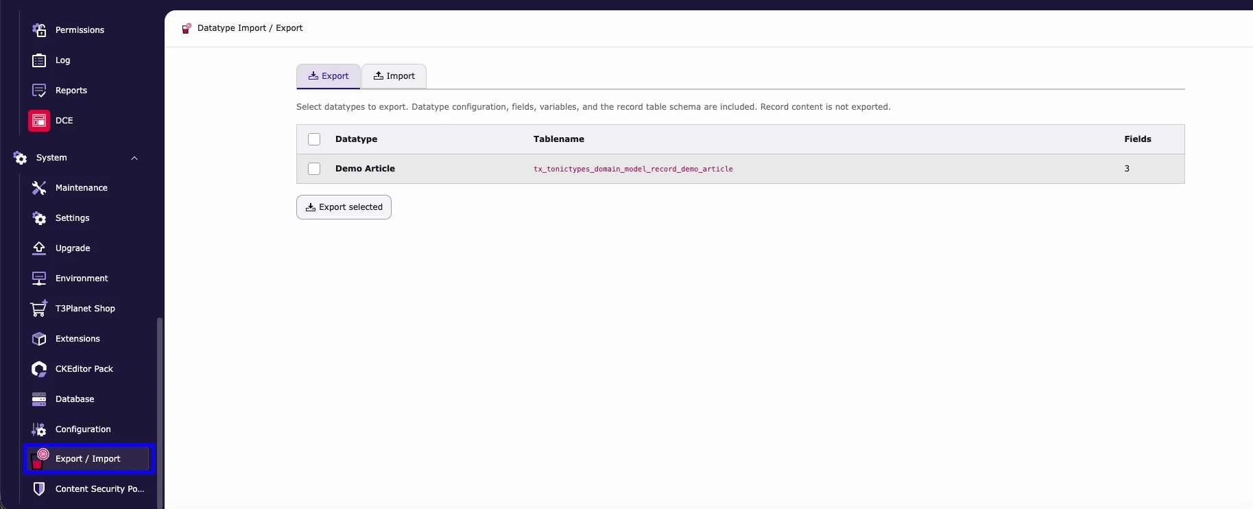 Export tab
