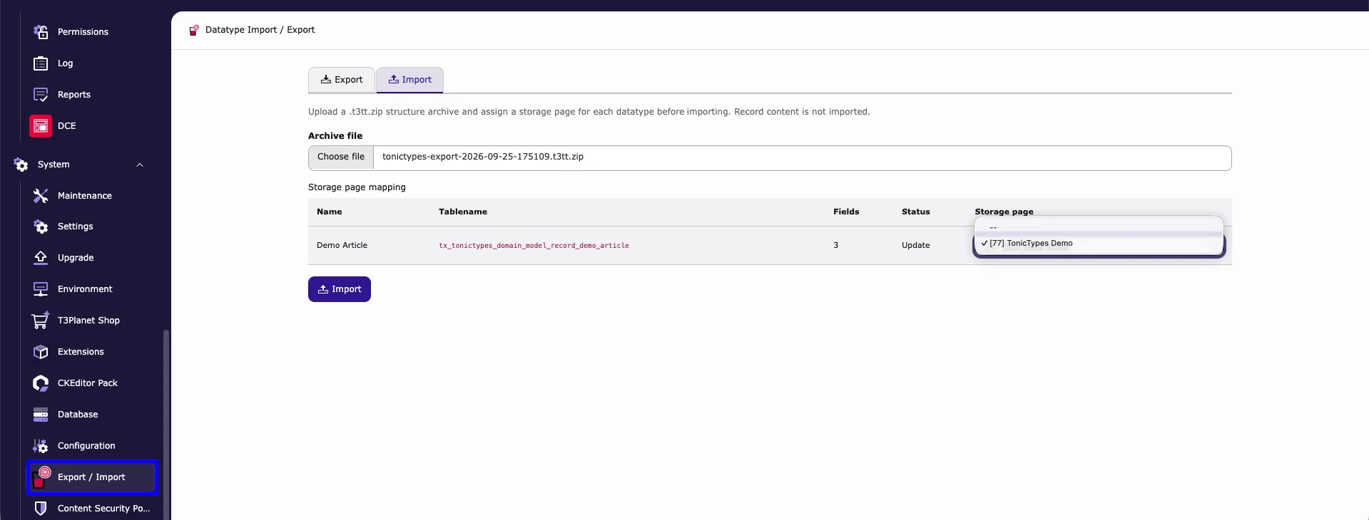 Import tab