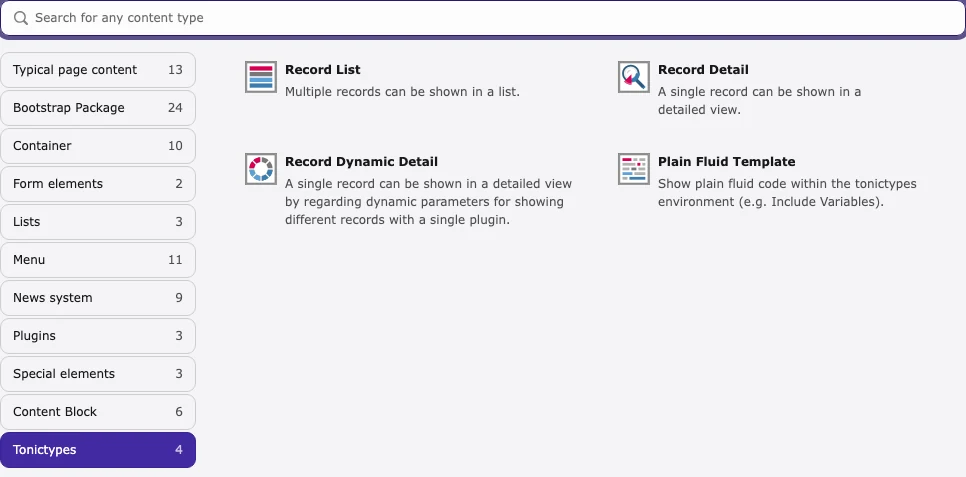 Tonictypes in the New Content Element wizard