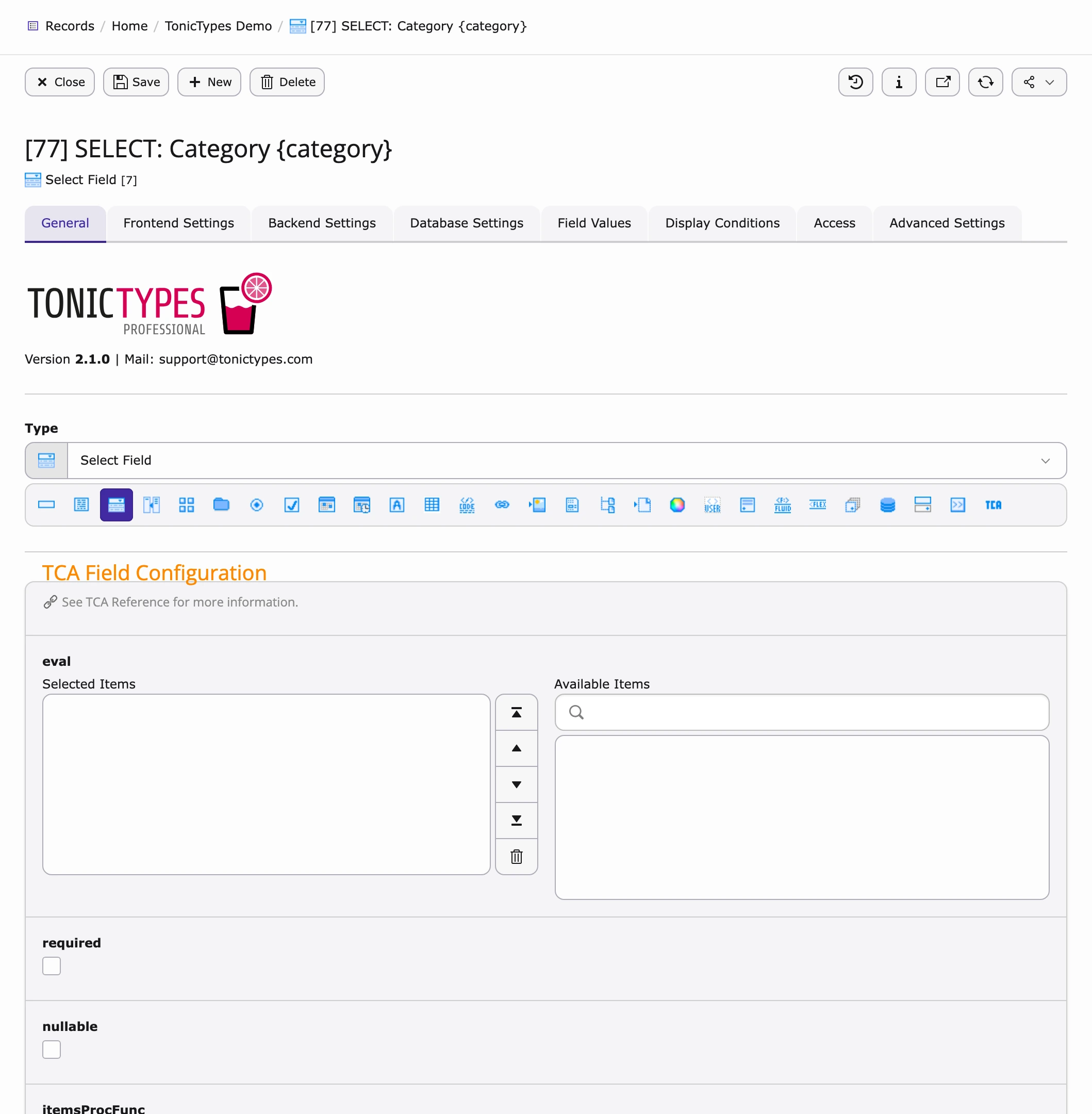 Field type selection on the General tab