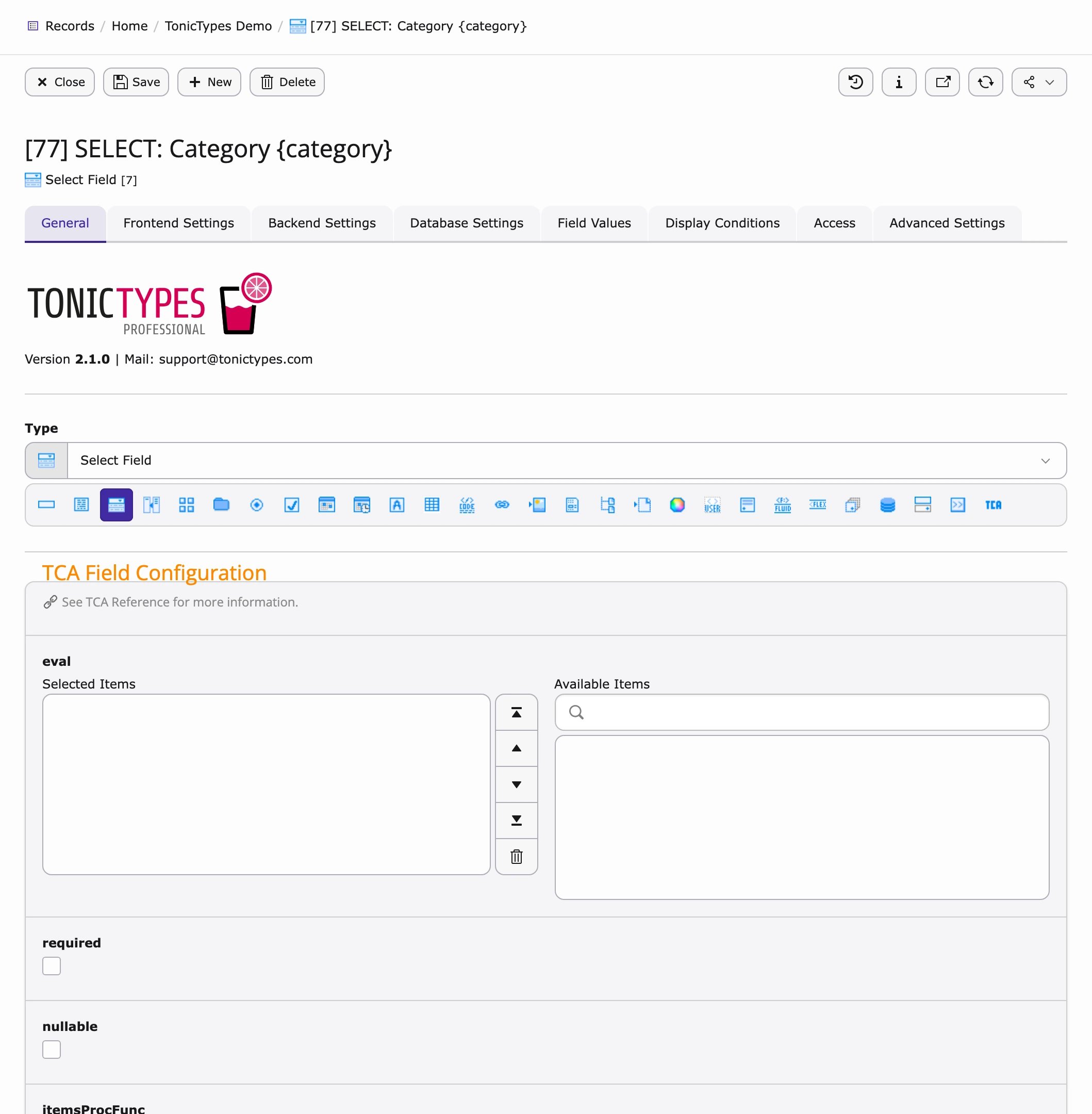 Field type selection on the General tab