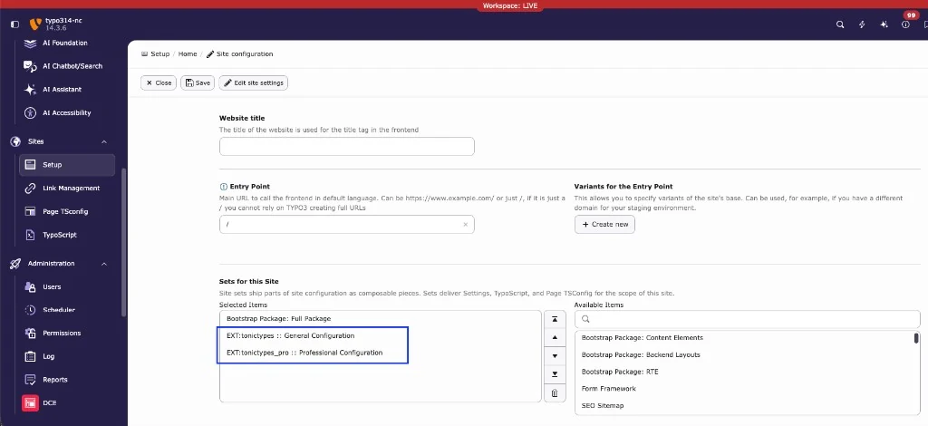 Site Sets selected