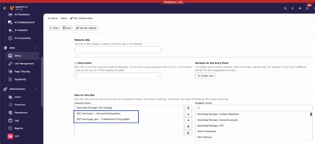 Site Sets selected