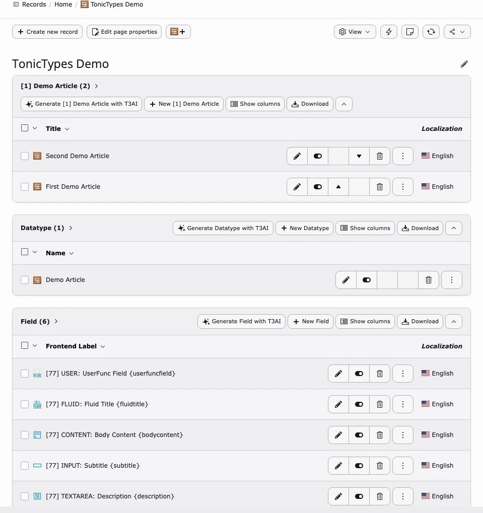 Storage folder with datatype, fields, and records