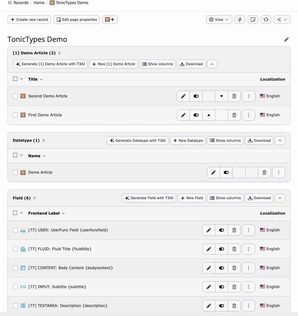 Storage folder with datatype, fields, and records