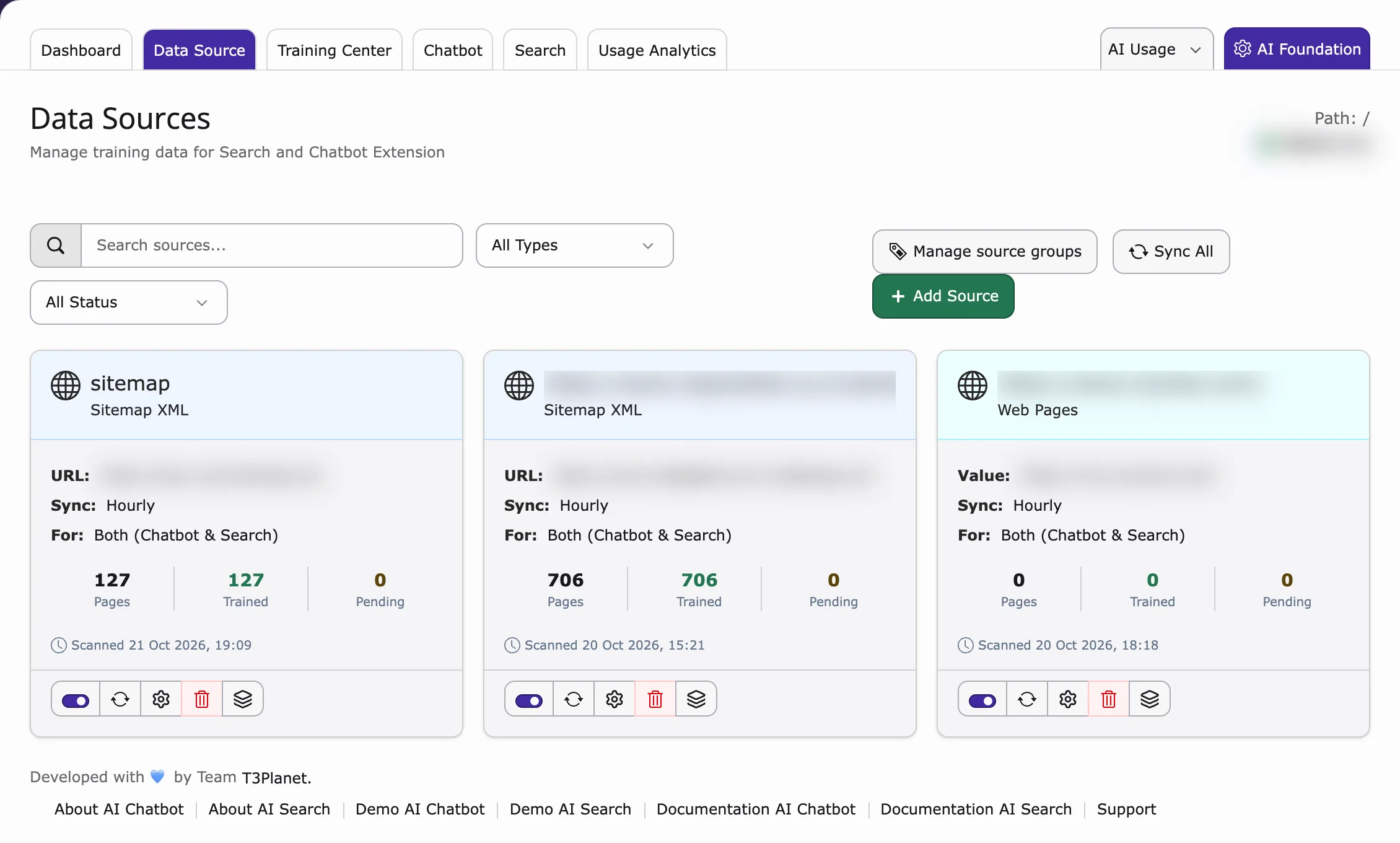 Data Source tab with the source list and the buttons Manage source groups, Sync All and Add Source