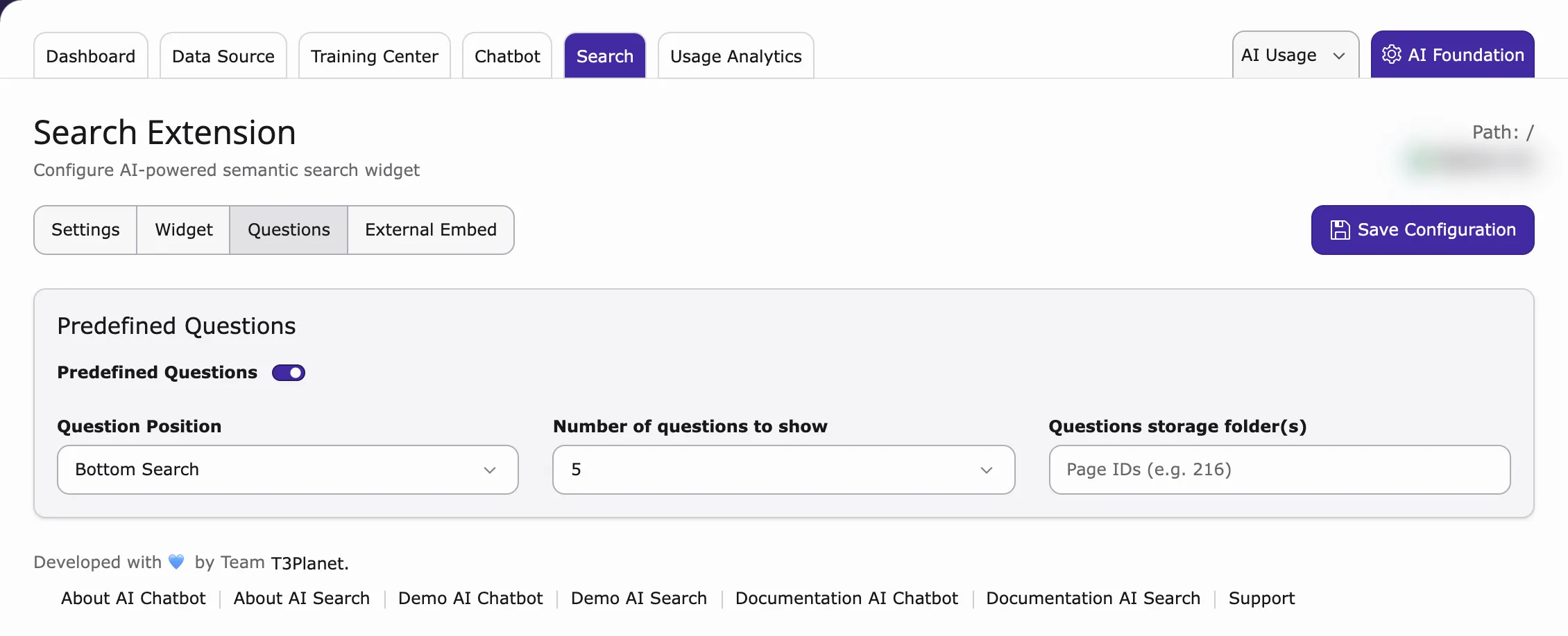 Search tab, Questions sub-tab with Predefined Questions