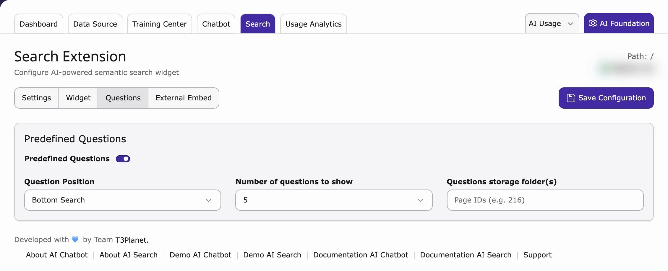 Search tab, Questions sub-tab with Predefined Questions