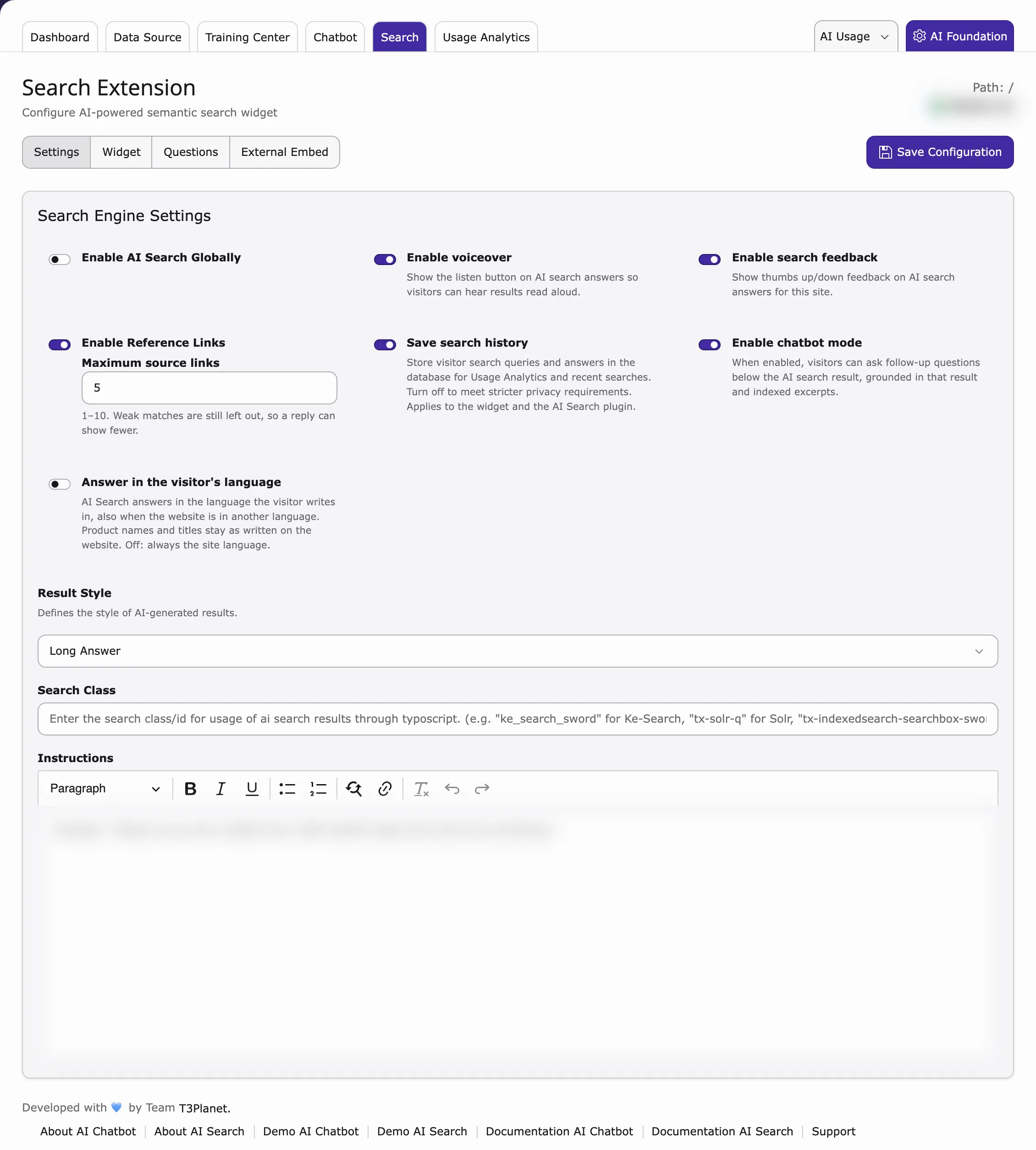 Search tab, Settings sub-tab