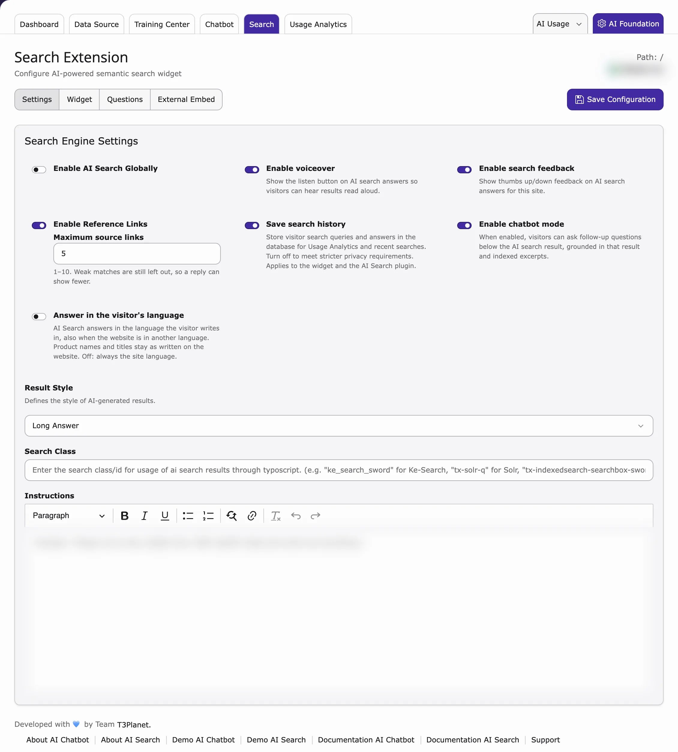 Search tab, Settings sub-tab