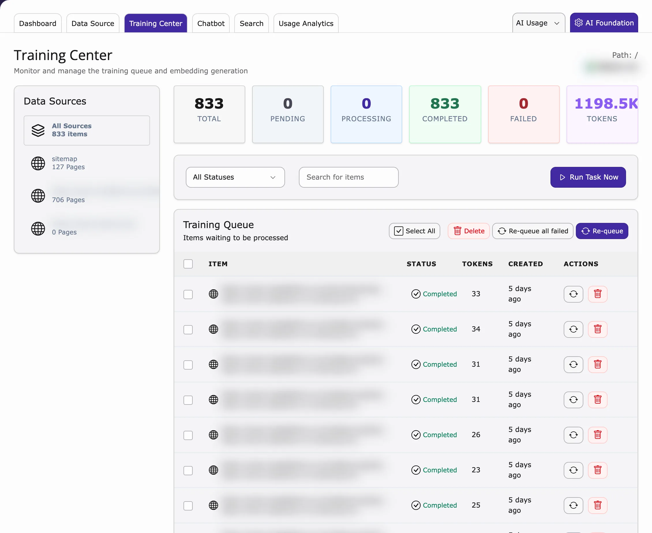 Training Center with counts, data sources and the training queue