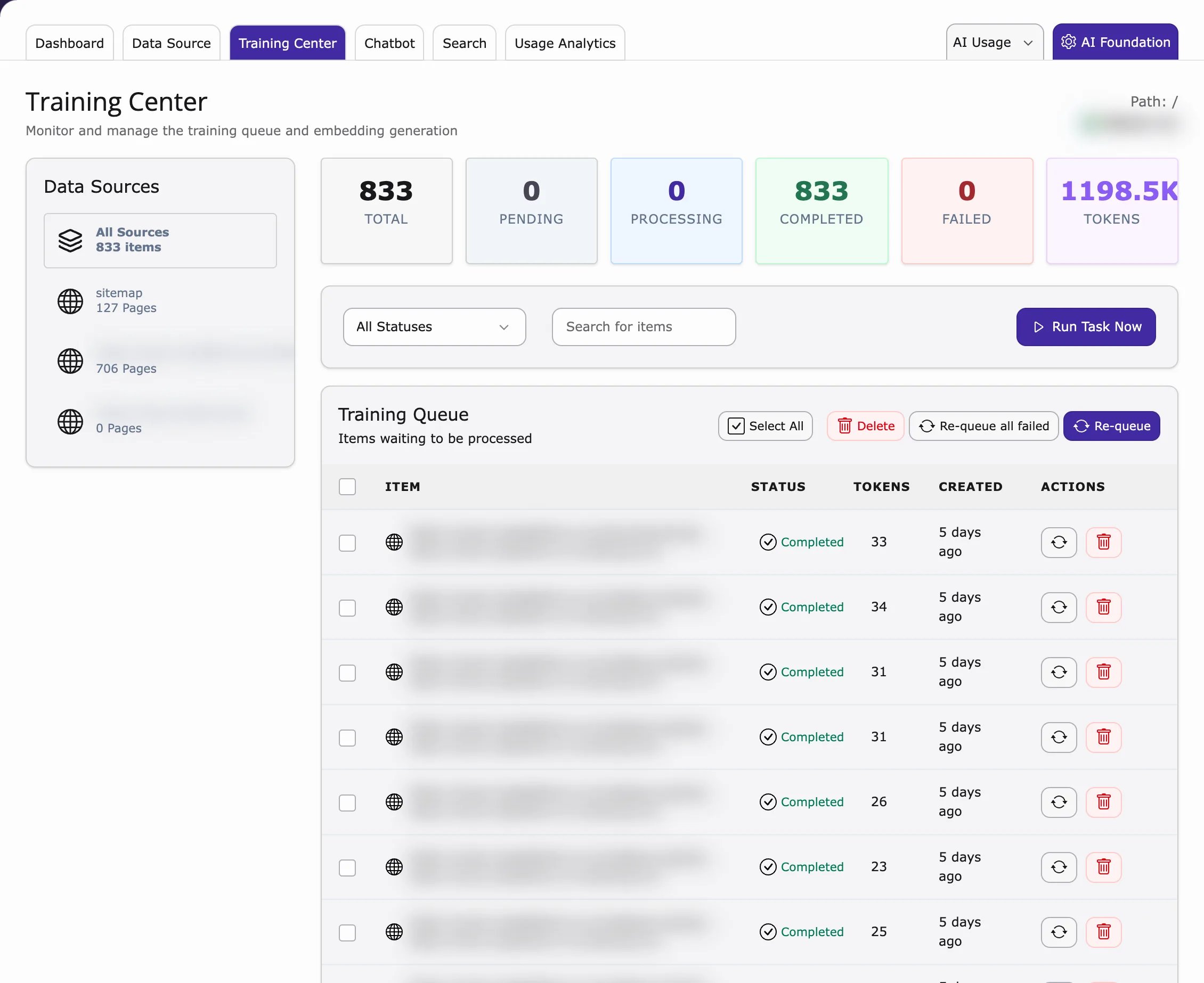 Training Center with counts, data sources and the training queue