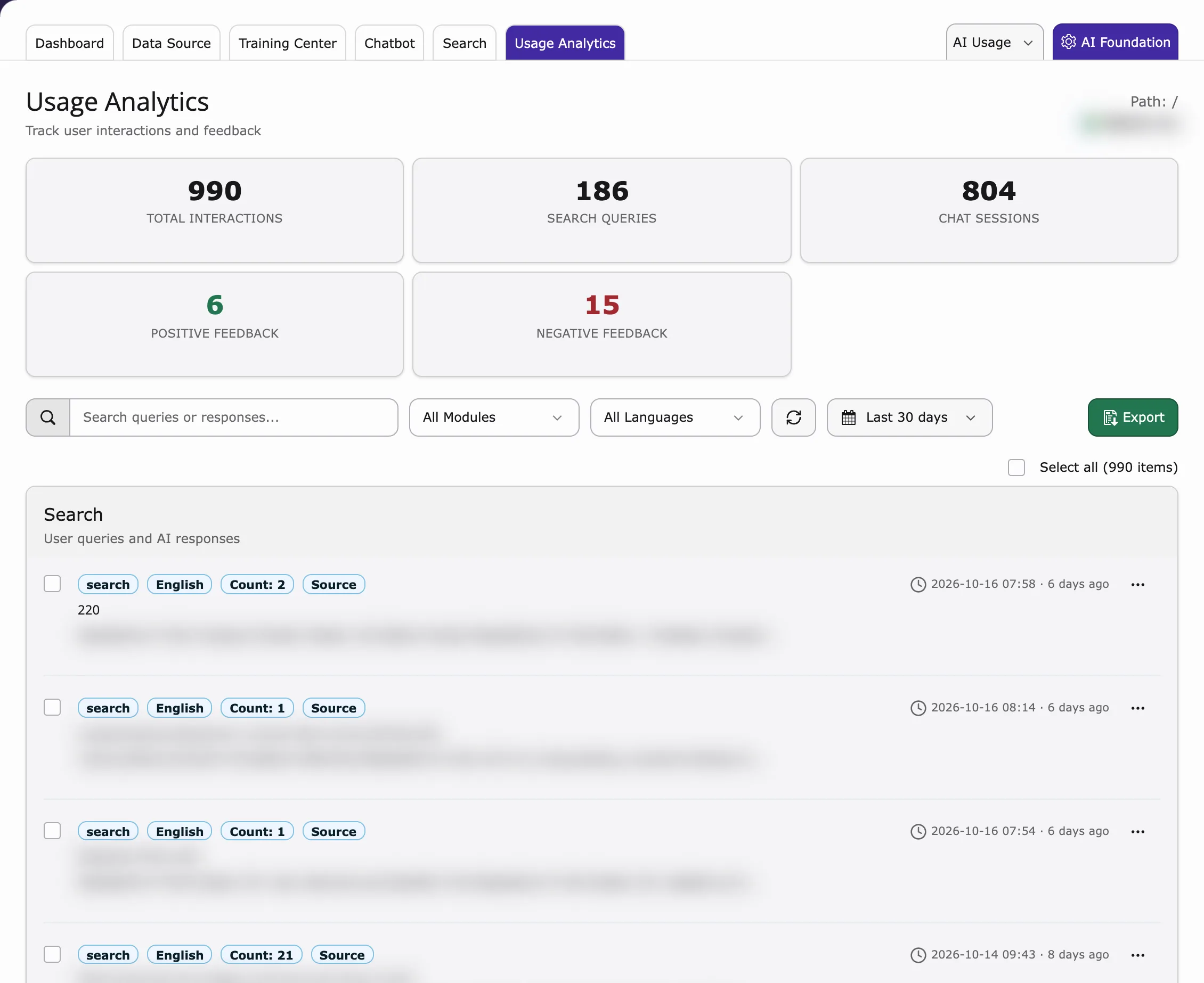 Usage Analytics with interaction counts, feedback and the interaction log