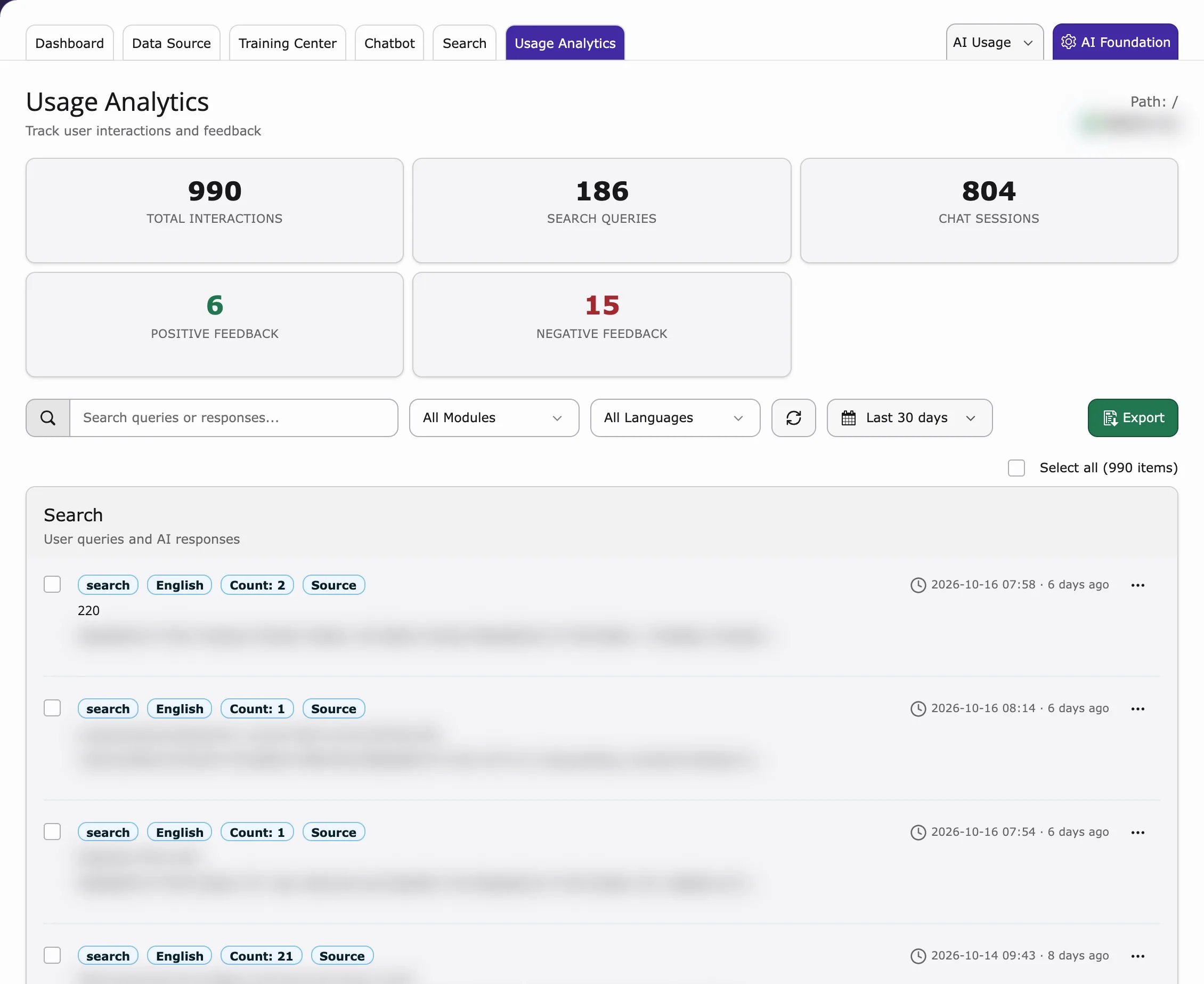 Usage Analytics with interaction counts, feedback and the interaction log