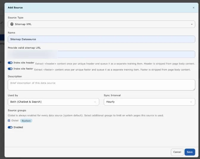 Index site header and Index site footer options in Add Source