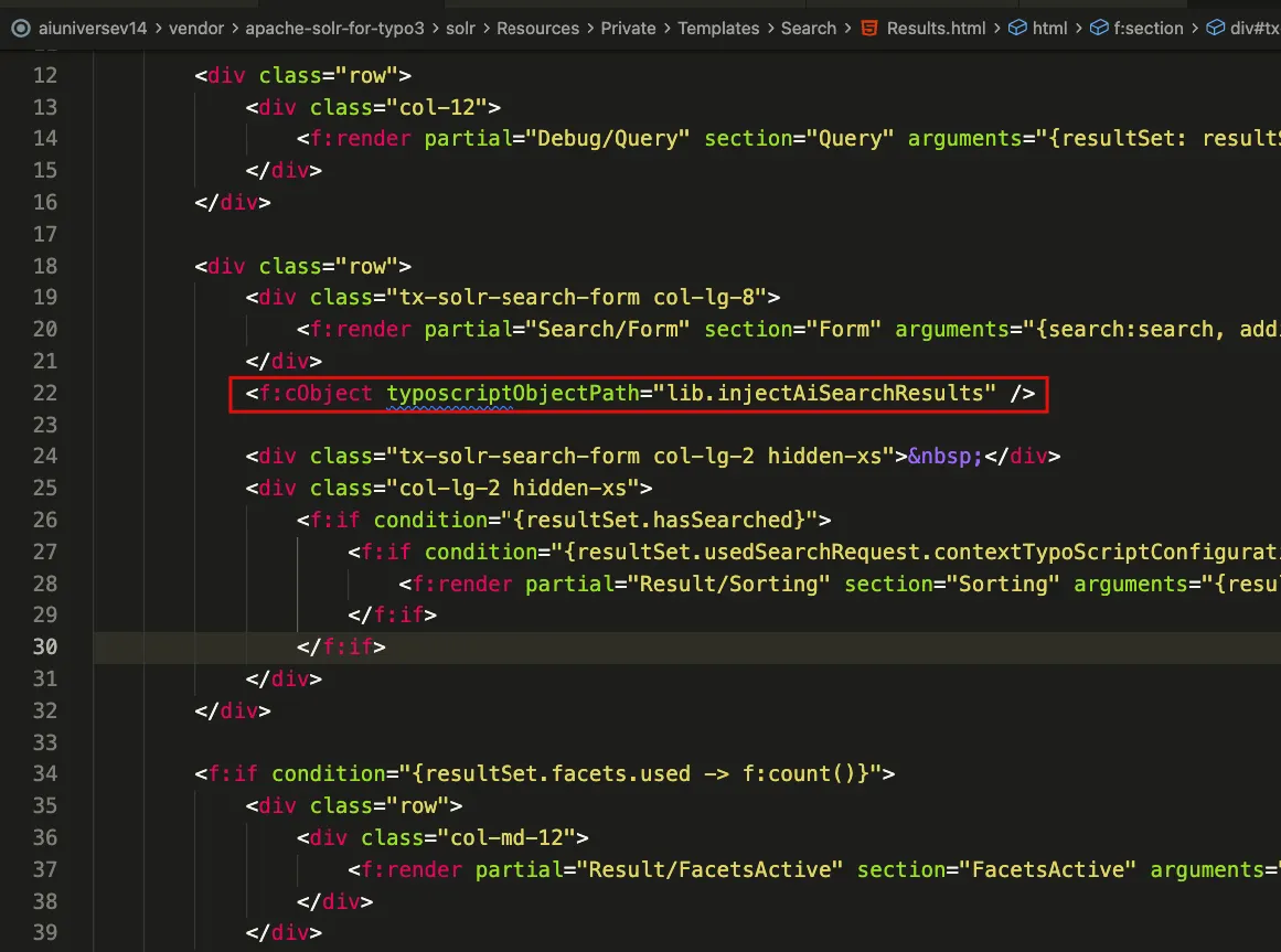 Fluid injectAiSearchResults snippet in Solr Results.html