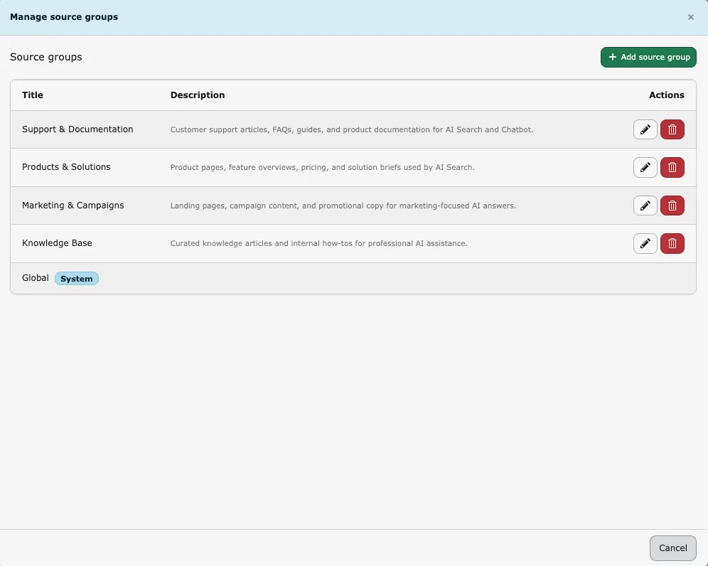 Manage source groups dialog