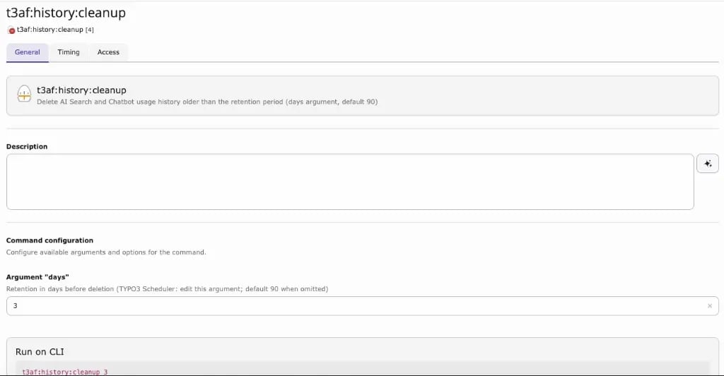 Scheduler task t3af:history:cleanup with days argument set to 3