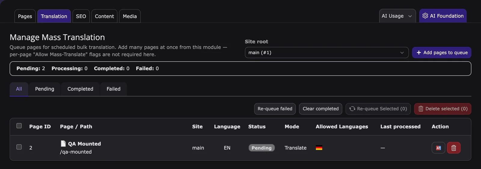 Manage Mass Translation with the status summary, status tabs, and queue actions