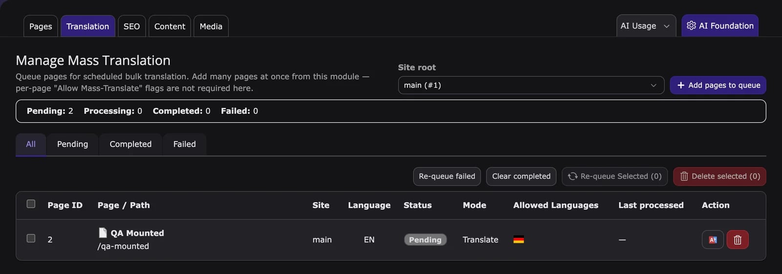 Manage Mass Translation with the status summary, status tabs, and queue actions