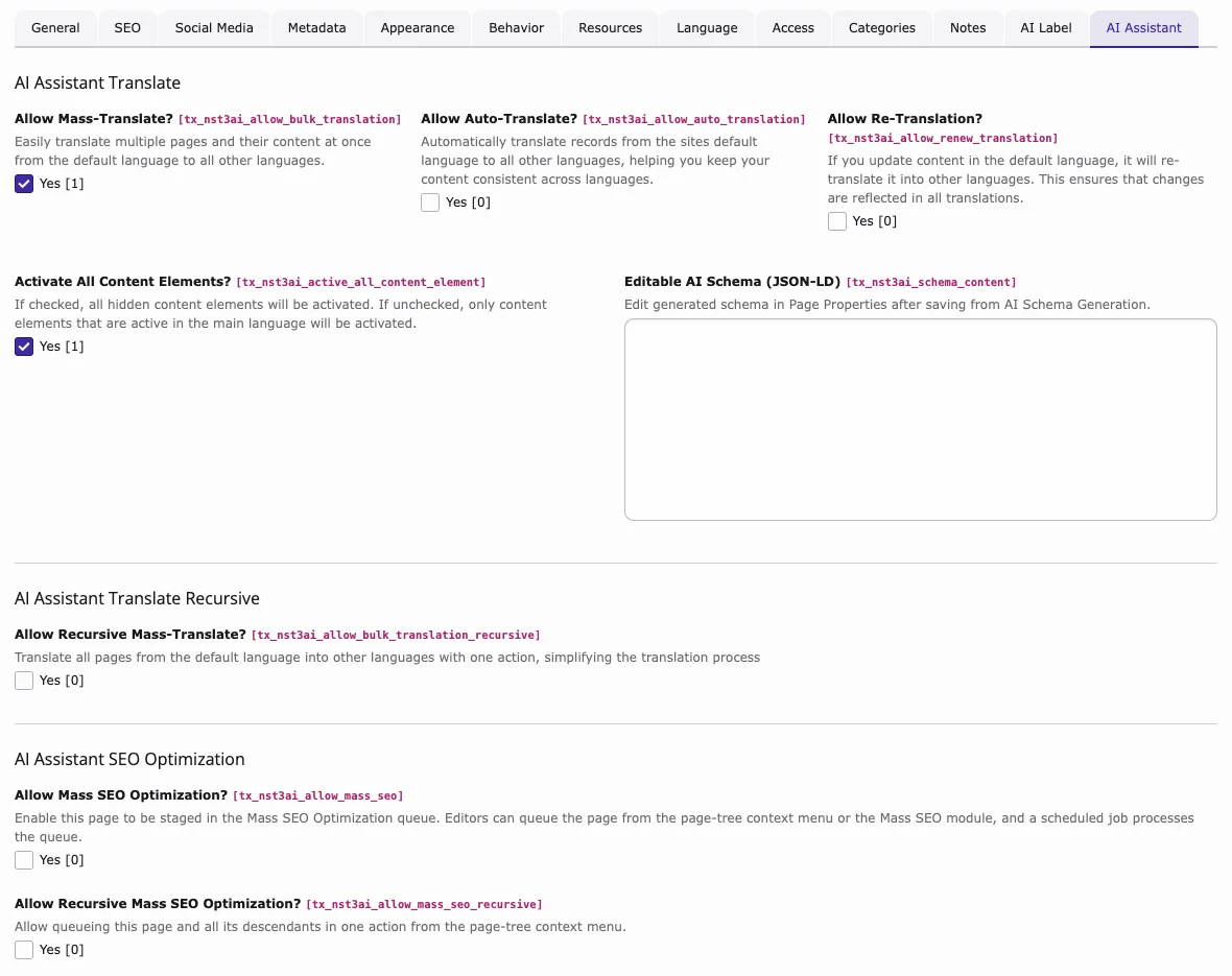 Translation options in the AI Assistant tab of the page properties