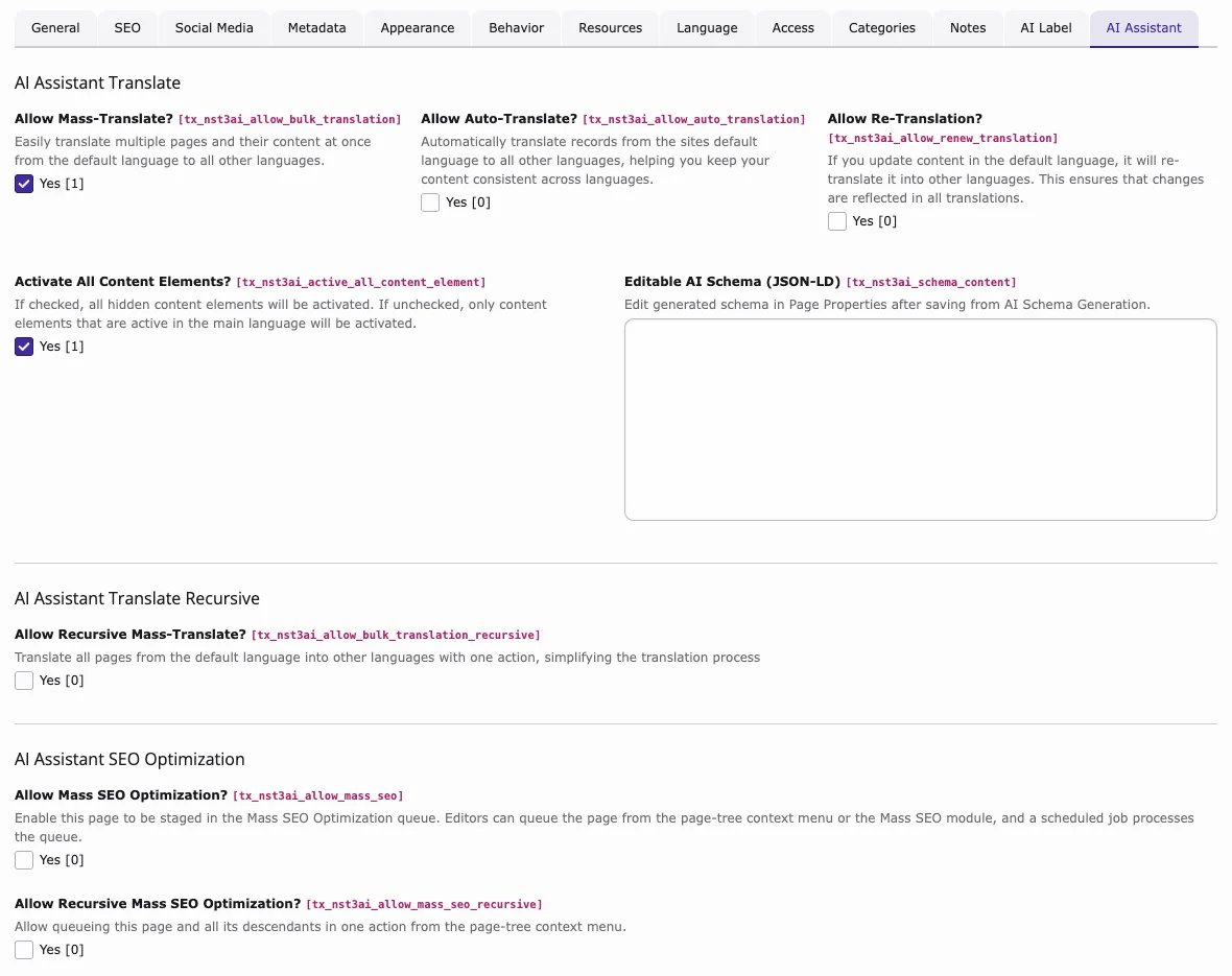Translation options in the AI Assistant tab of the page properties