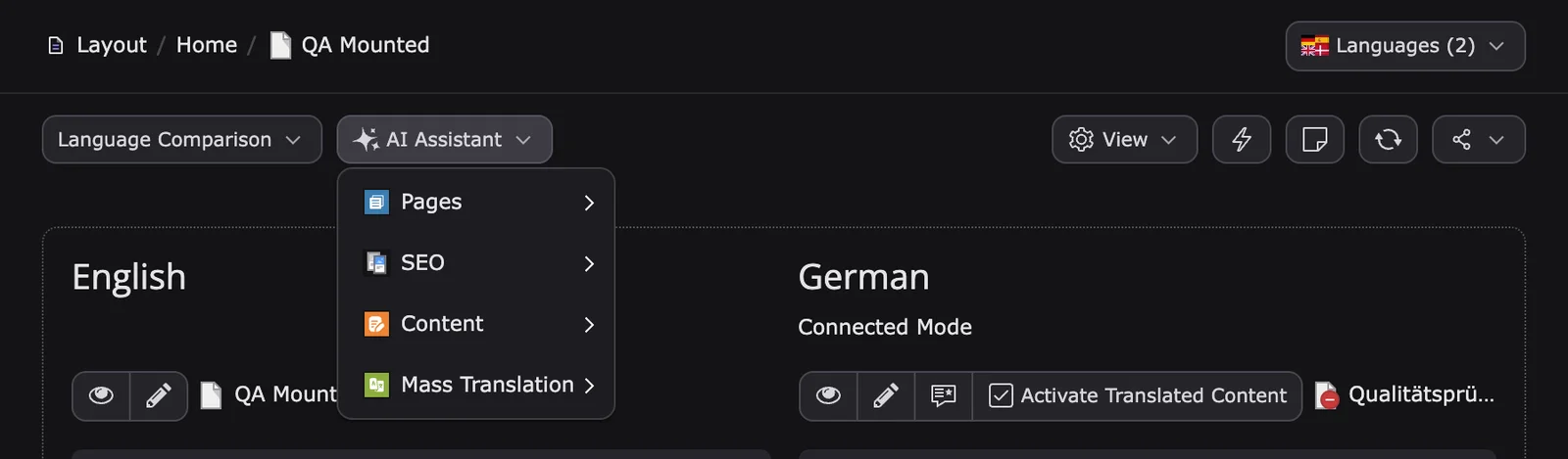 Page module in TYPO3 v14 with the AI Assistant menu open and Activate Translated Content in the German column