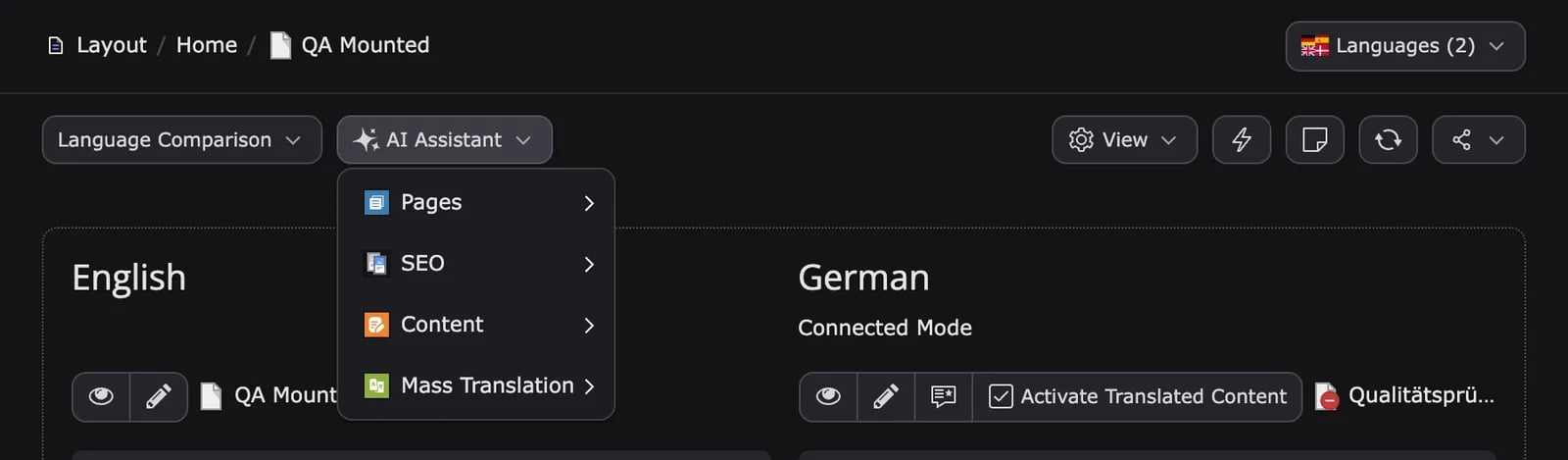 Page module in TYPO3 v14 with the AI Assistant menu open and Activate Translated Content in the German column
