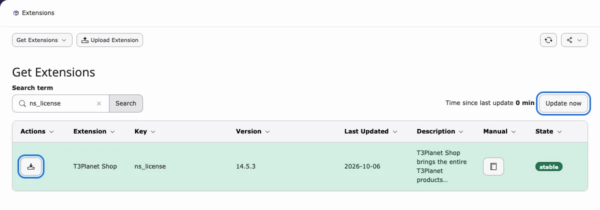Get Extensions with ns_license (T3Planet Shop) in the search result, Update now and the download icon highlighted