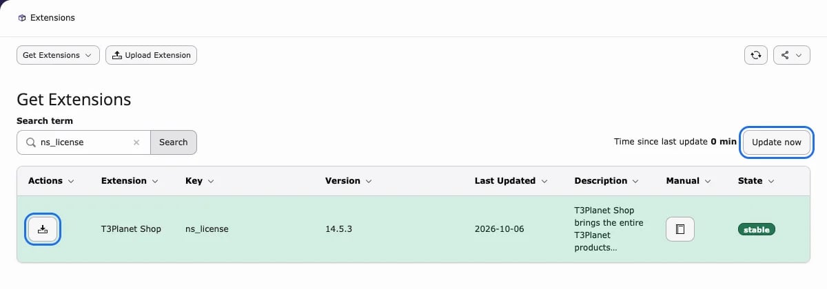 Get Extensions with ns_license (T3Planet Shop) in the search result, Update now and the download icon highlighted