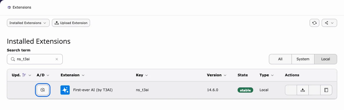 Installed Extensions with T3AI (ns_t3ai) and the A/D icon highlighted