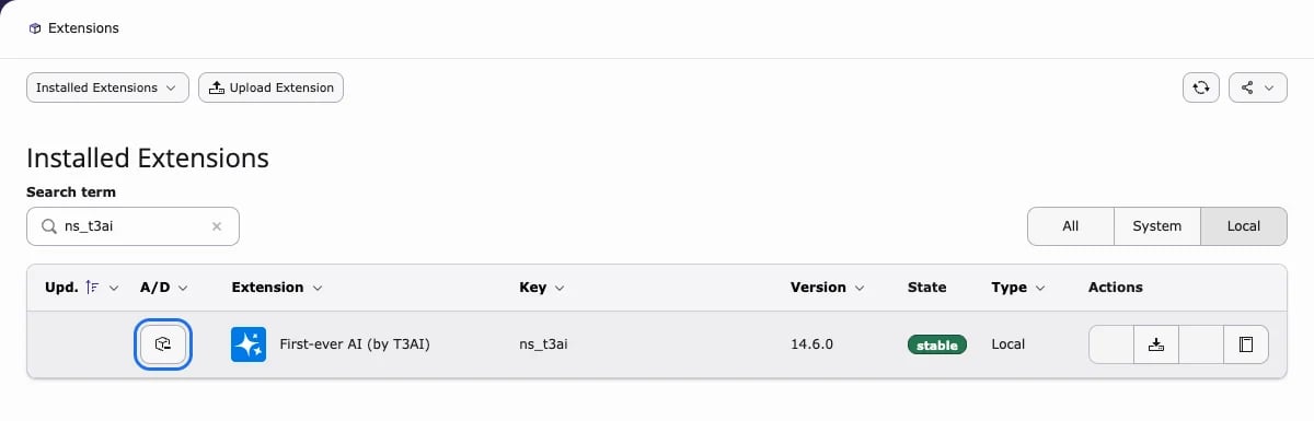 Installed Extensions with T3AI (ns_t3ai) and the A/D icon highlighted