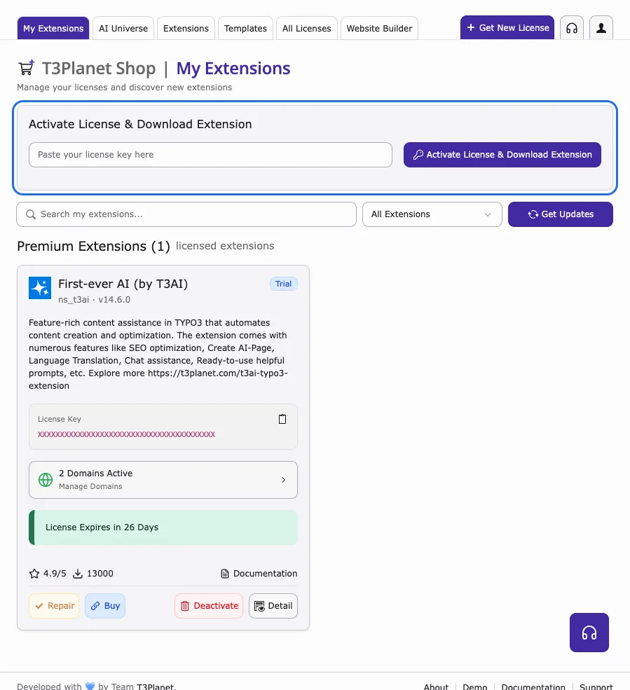 T3Planet Shop with the Activate License & Download Extension field and an activated T3AI license card