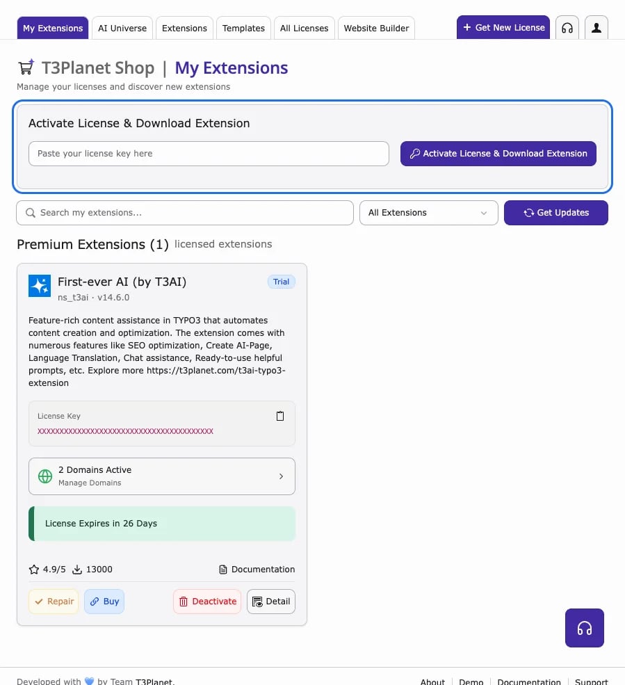 T3Planet Shop with the Activate License & Download Extension field and an activated T3AI license card