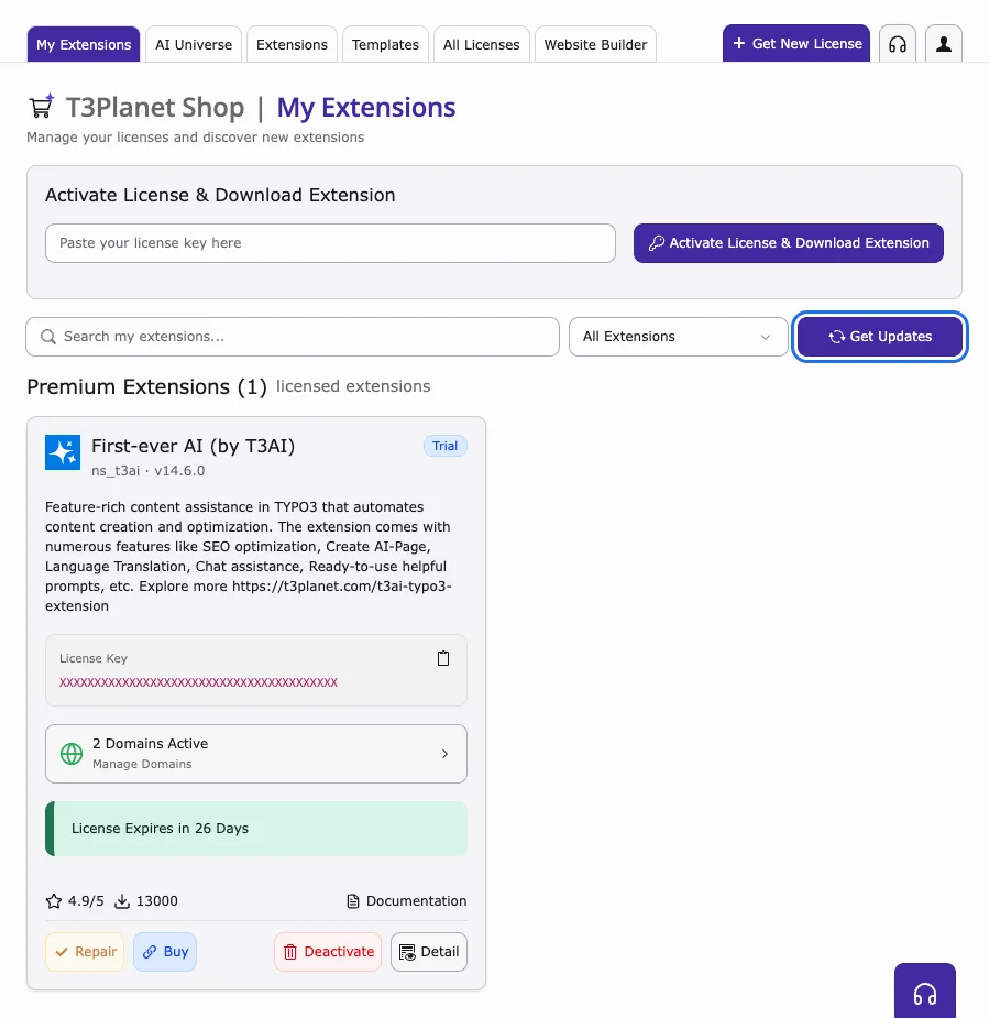 T3Planet Shop with the Get Updates button highlighted