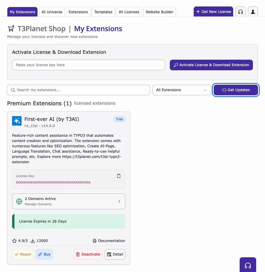 T3Planet Shop with the Get Updates button highlighted