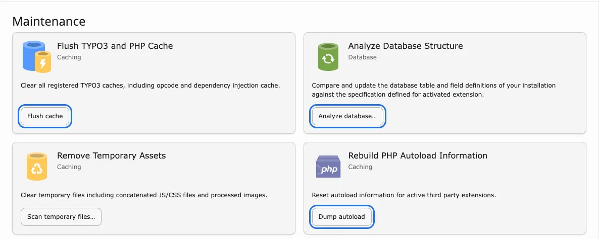 Maintenance module with Flush cache, Analyze database, and Dump autoload highlighted
