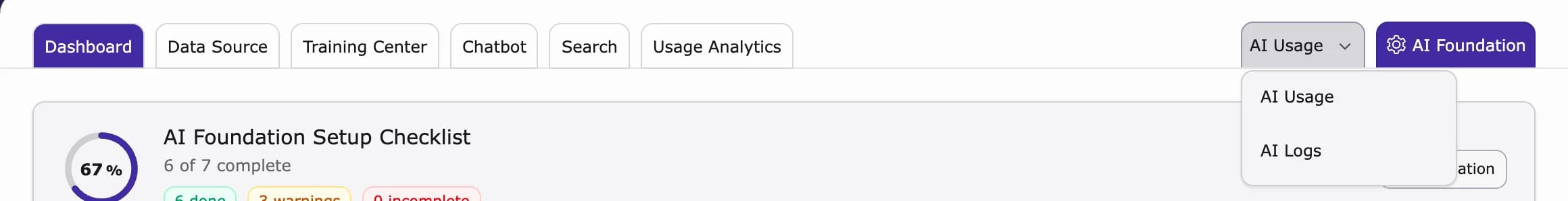 AI Usage menu at the top right of the module with AI Usage and AI Logs