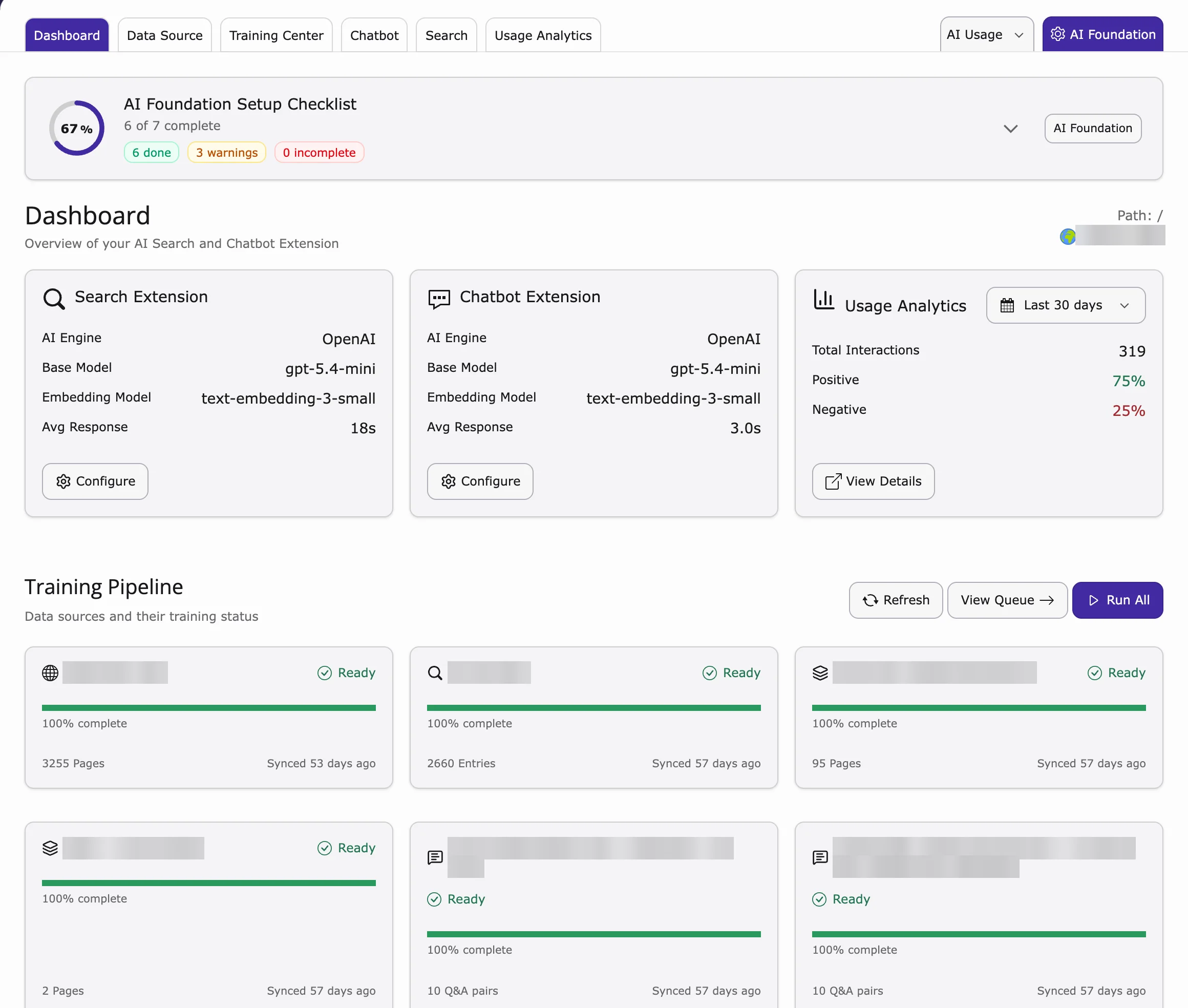 AI Chatbot/Search module with the tabs Dashboard, Data Source, Training Center, Chatbot, Search and Usage Analytics