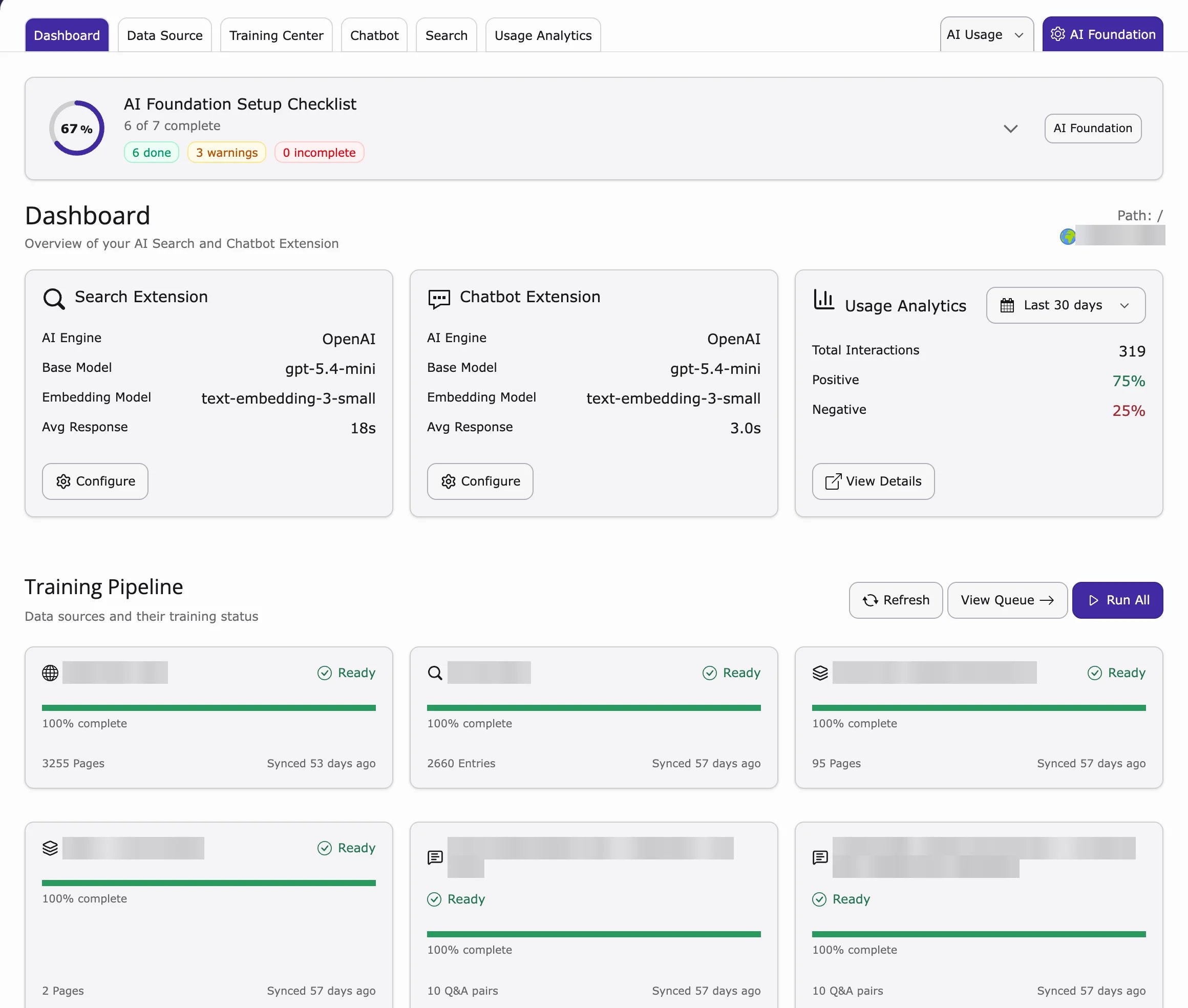 AI Chatbot/Search module with the tabs Dashboard, Data Source, Training Center, Chatbot, Search and Usage Analytics