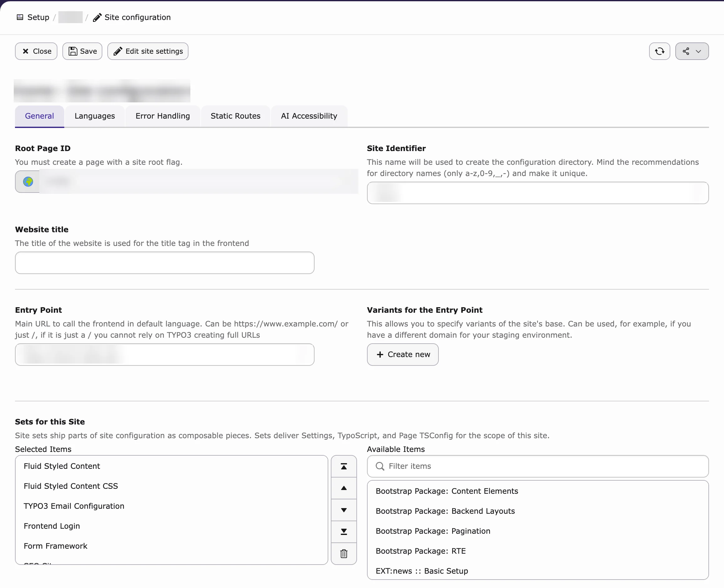 Site configuration, General tab with Sets for this Site (TYPO3 v14)