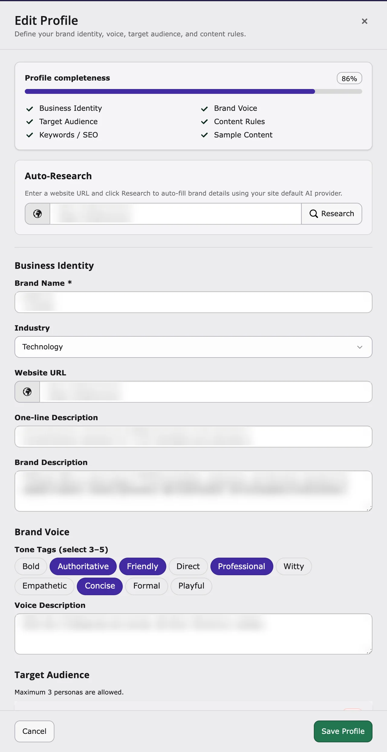 Edit Profile drawer with Auto-Research, Business Identity and Brand Voice