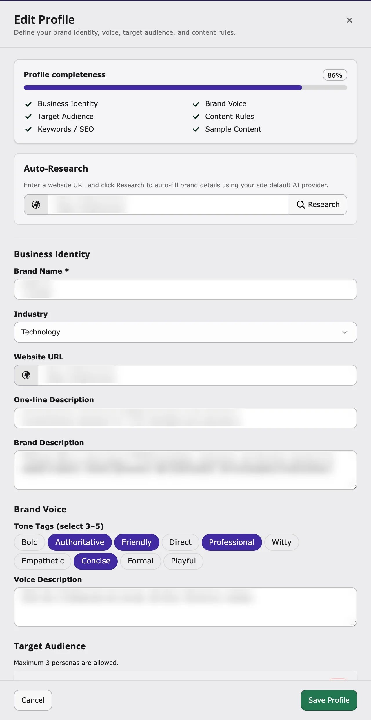Edit Profile drawer with Auto-Research, Business Identity and Brand Voice