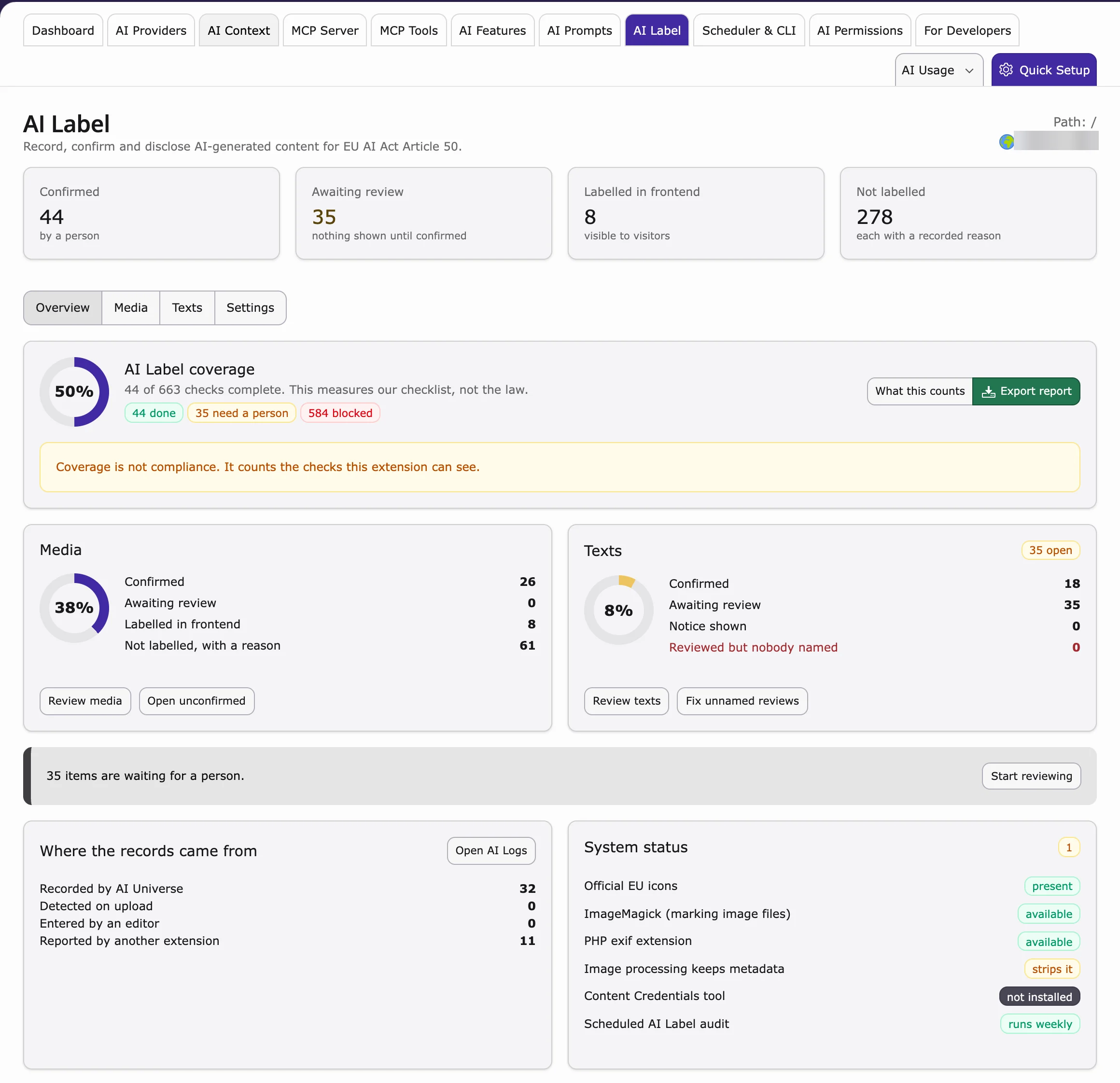 AI Label Overview tab with scoreboard, coverage, Media and Texts