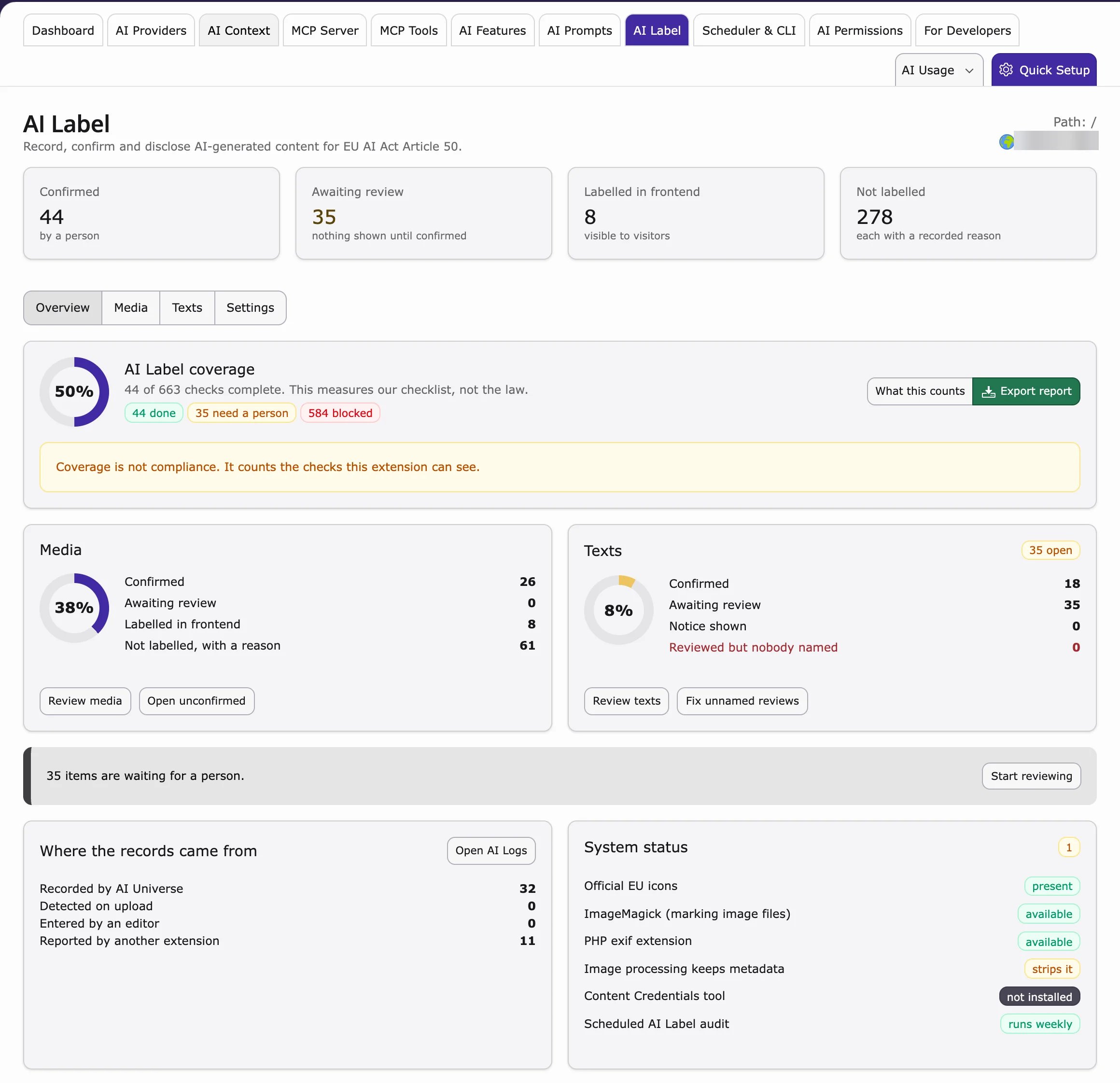 AI Label Overview tab with scoreboard, coverage, Media and Texts