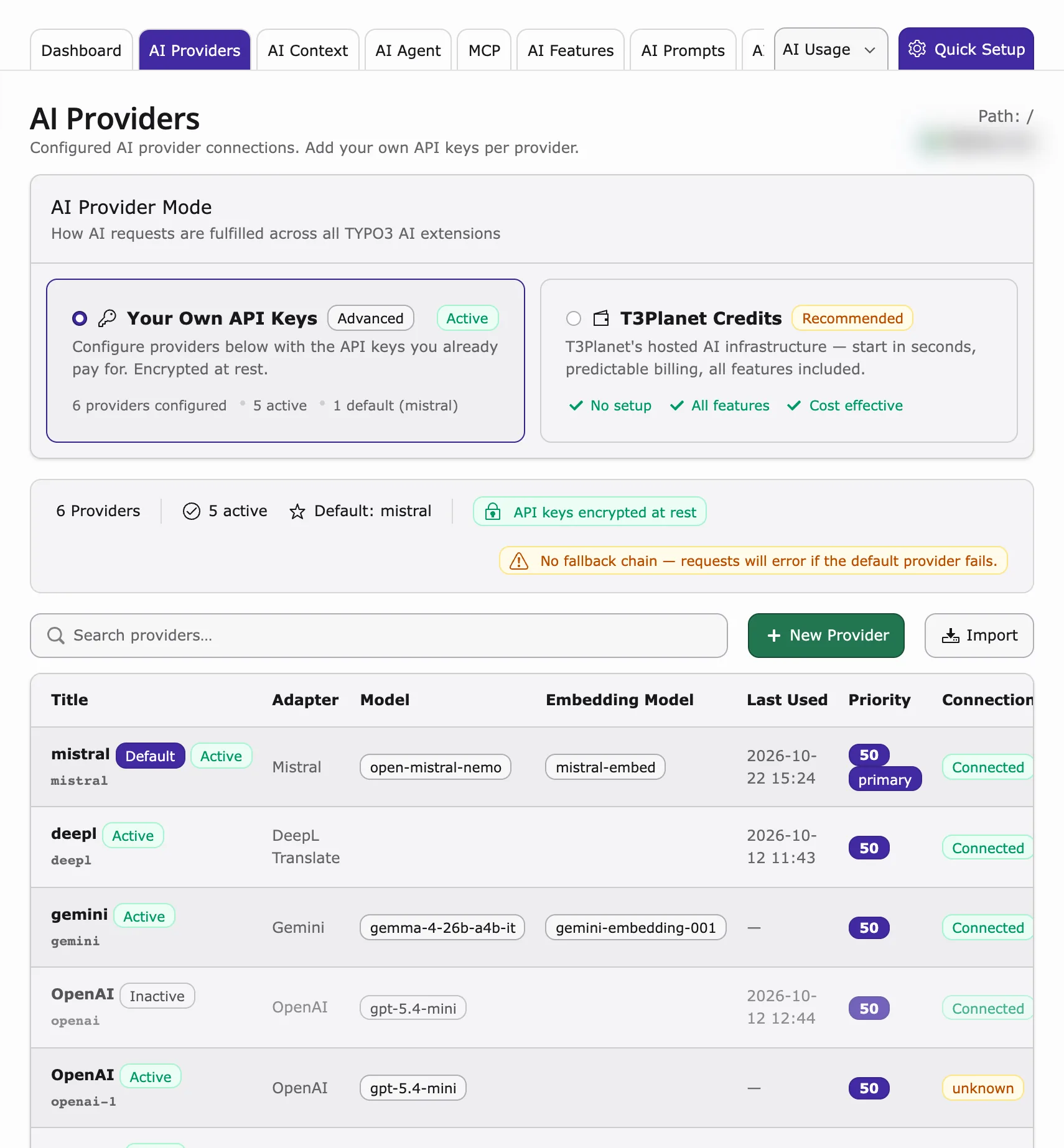 AI Providers with AI Provider Mode and the list of configured providers