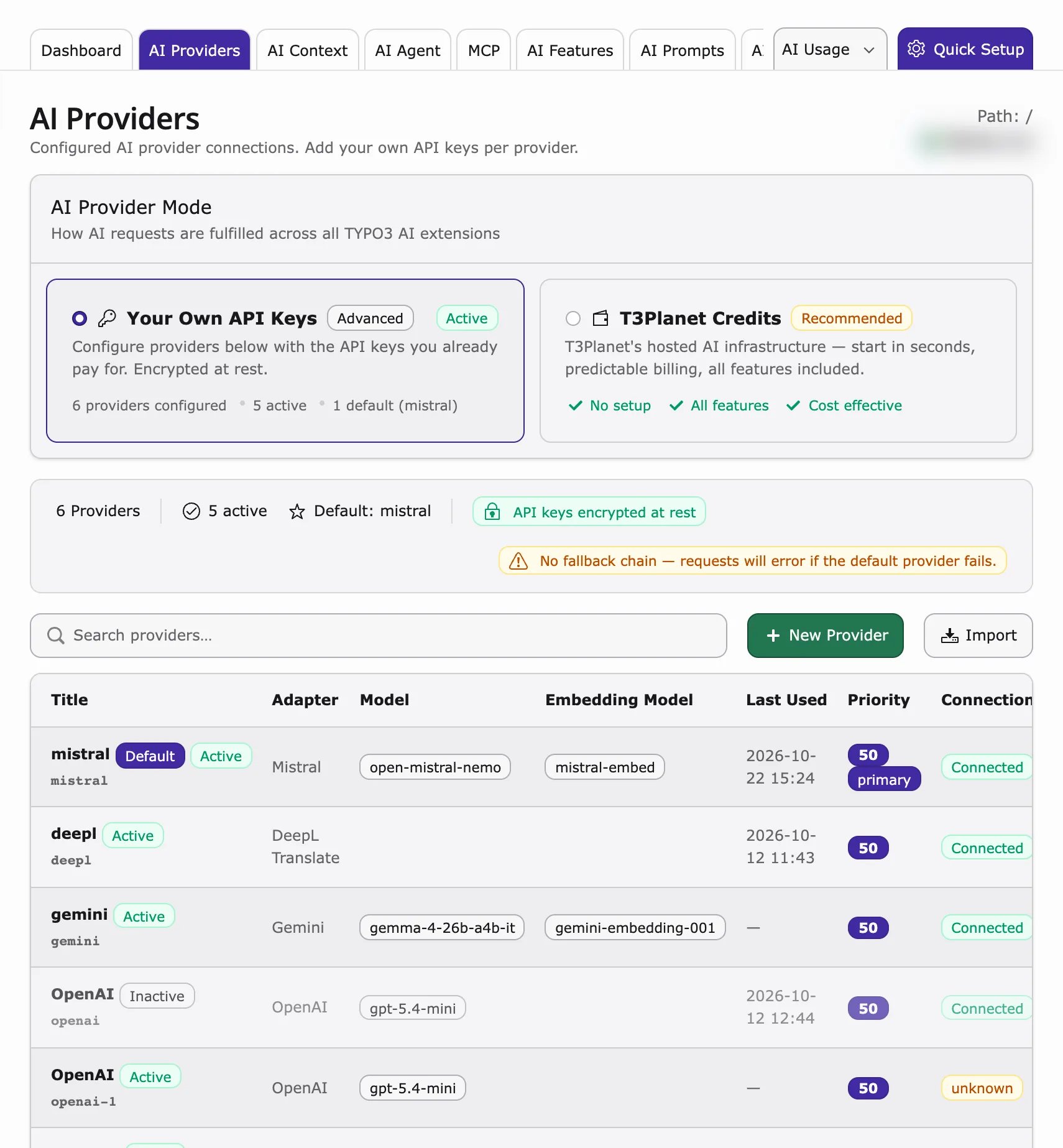 AI Providers with AI Provider Mode and the list of configured providers